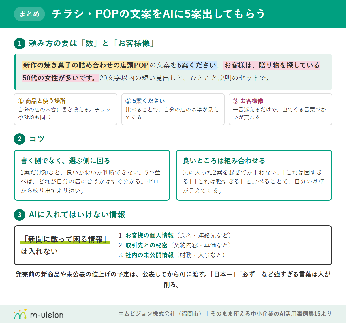 チラシ・POPの文案をAIに5案出してもらう頼み方のまとめ図解(数とお客様像を入れる頼み方・コツ・入れてはいけない情報3か条)