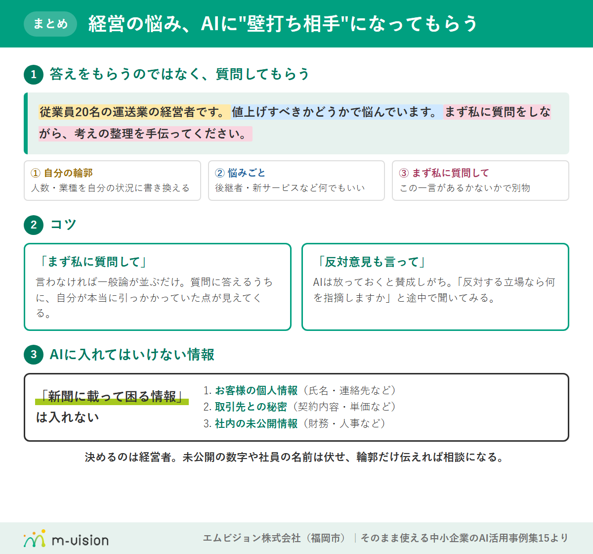 経営の悩みをAIに壁打ち相手になってもらう頼み方のまとめ図解(頼み方の3つの要素・まず質問してもらう/反対意見も頼むコツ・入れてはいけない情報3か条)