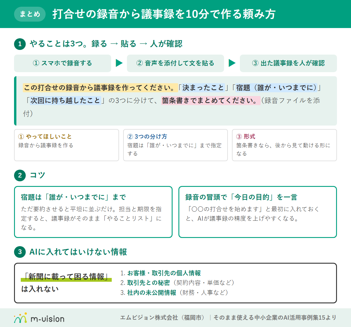 打合せの録音から議事録を10分で作る頼み方のまとめ図解(録る→貼る→人が確認の3手順・コツ・入れてはいけない情報3か条)