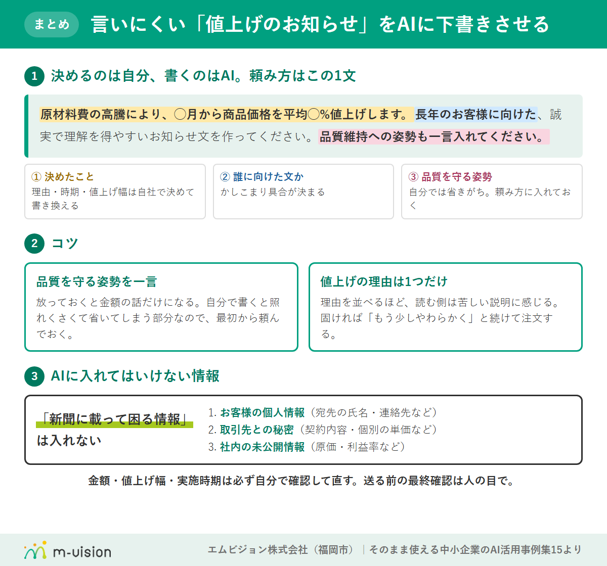 言いにくい「値上げのお知らせ」をAIに下書きさせる頼み方のまとめ図解(頼み方の3つの要素・品質への姿勢と理由は1つだけのコツ・入れてはいけない情報3か条)