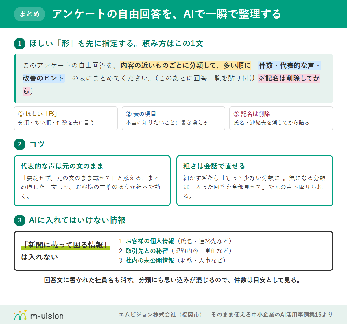 アンケートの自由回答をAIで一瞬で整理する頼み方のまとめ図解(頼み方の3つの要素・元の文のまま/会話で直すコツ・入れてはいけない情報3か条)